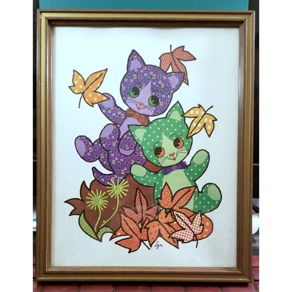 Vintage 1960s Calico Cats Frolicing In Leaves Litho Print by Lyn 14.5"x12" - Picture 1 of 3